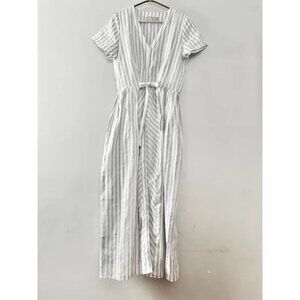NWOT Liz Alig Maxi June Shirt Dress Cinched Waist Gray White Stripe Linen M 8 10